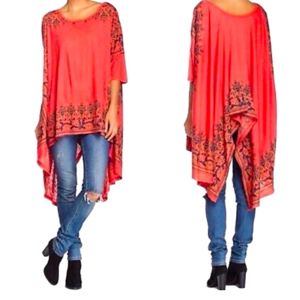 Free People Oversize Split Back Tunic Red Black Pimento Floral Small